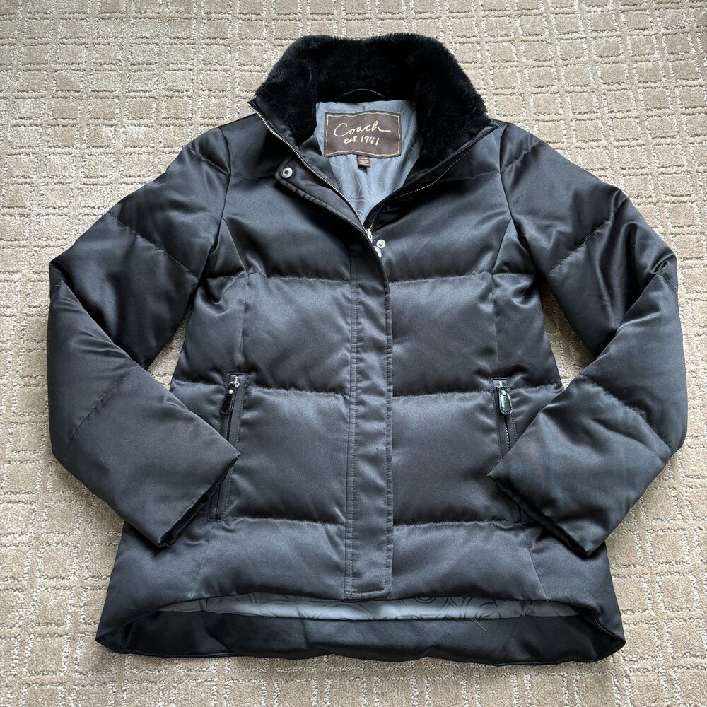 Coach Goose Down Puffer Coat Women's XS Black Faux Fur Collar Signature Warm